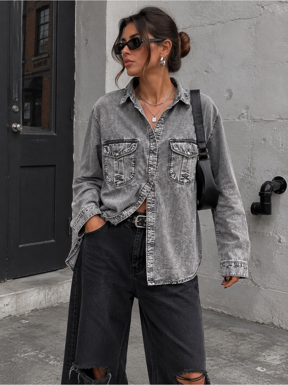 Mavi Top Button Snap Lyocell Long Sleeve Acid Gray Shirt Womens Size Small